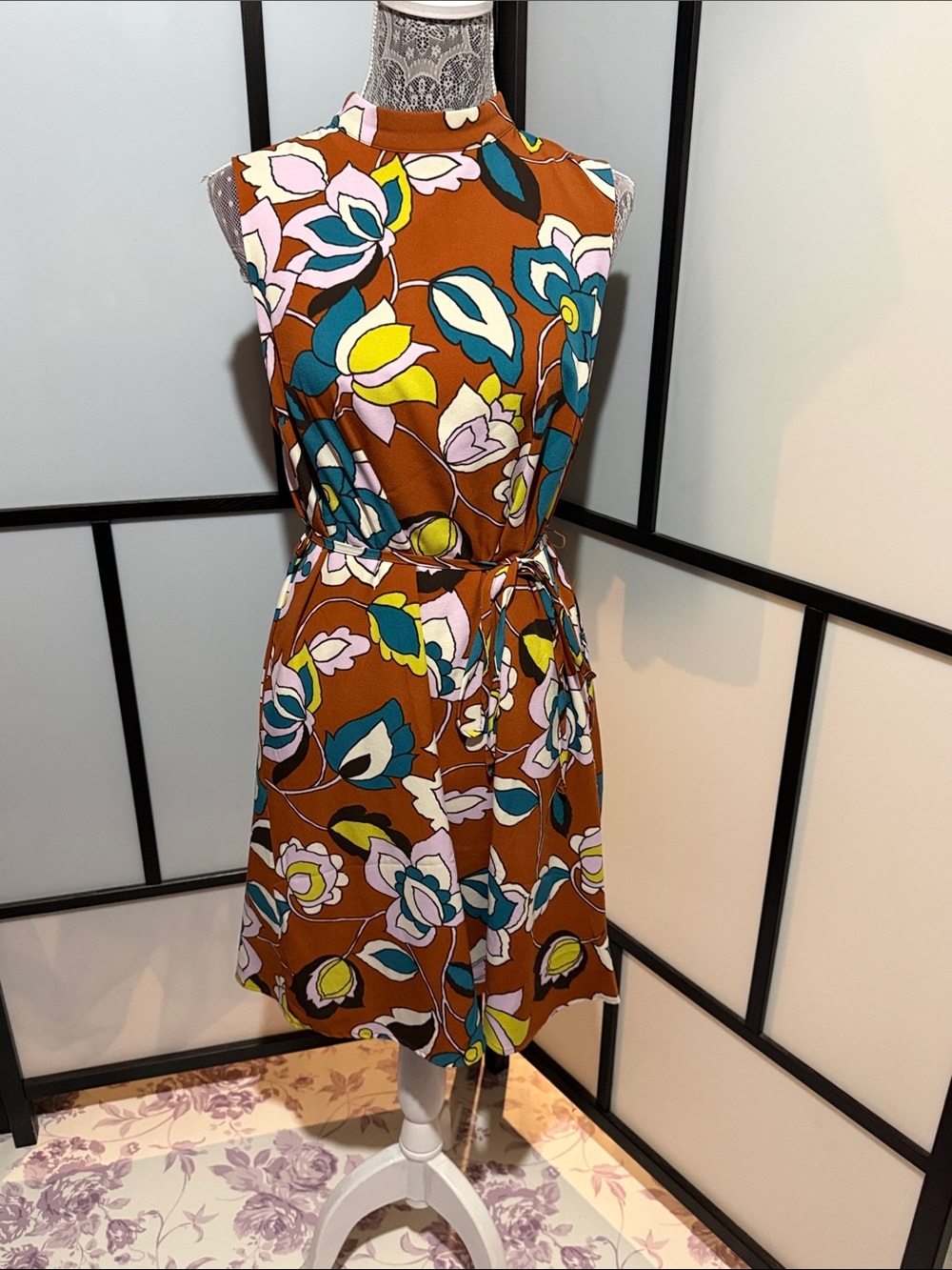 ModCloth Rust Floral Tie-Waist Mini Dress with Teal, Yellow & Pink Accents